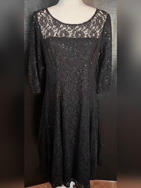 SLNY/S.L. Fashions Black Sequined Lace Fit & Flare Cocktail Dress - Size 10P